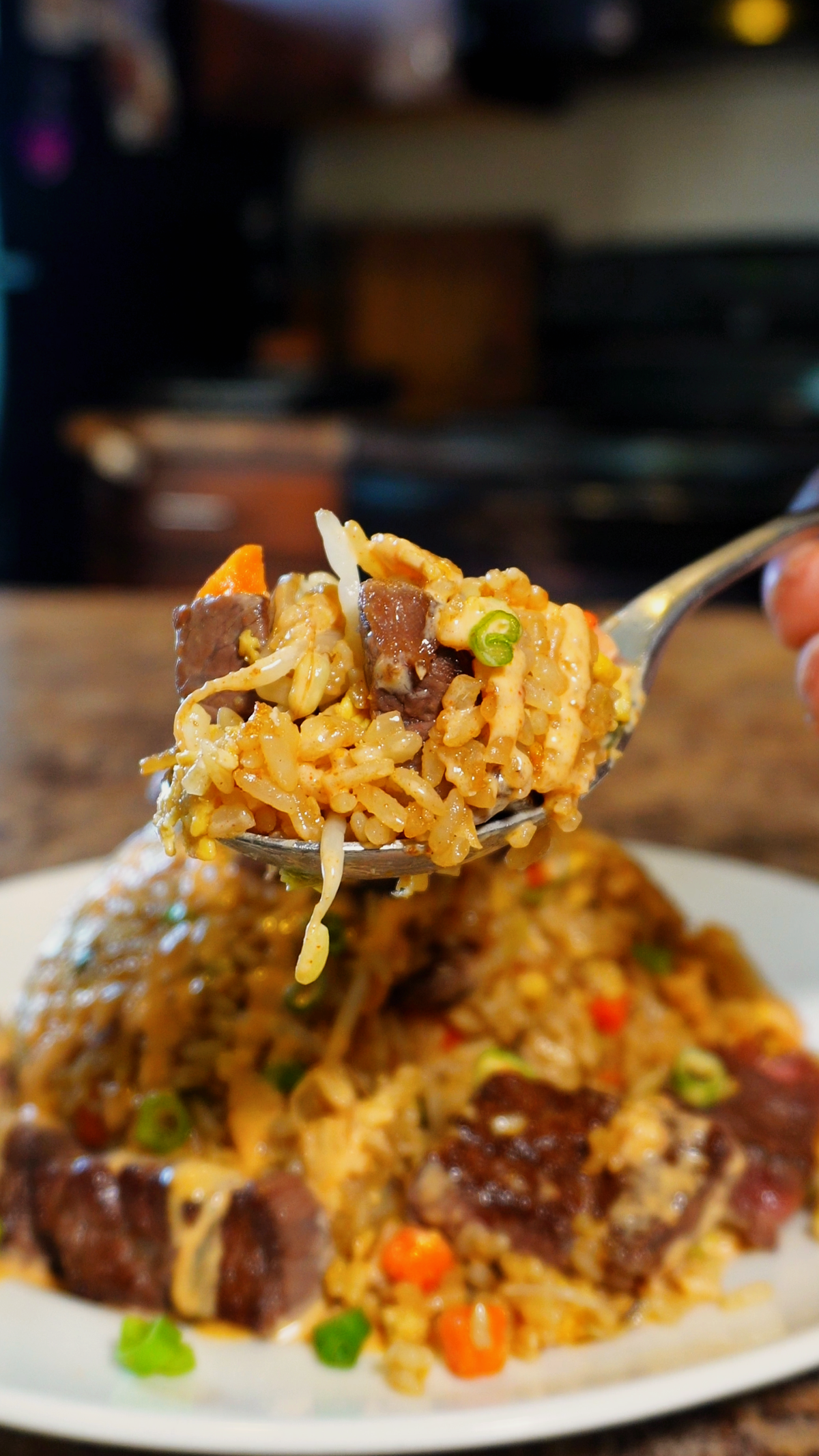 Steak and fried rice on spoon
