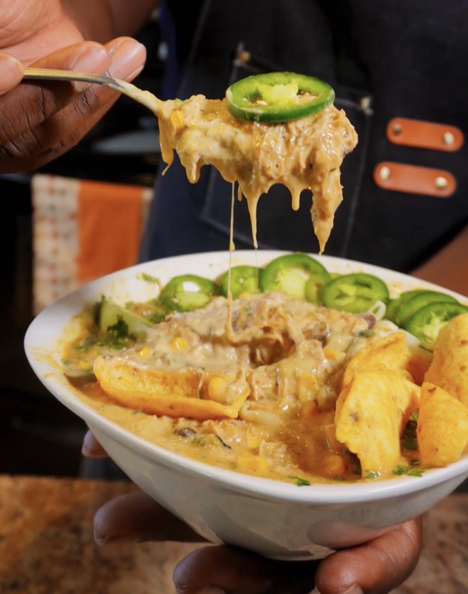 Spoonful of White Chicken Chili with fresh jalapeno