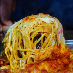 Fajita Spaghetti bake cheese pull