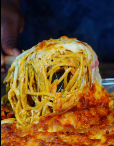 Fajita Spaghetti bake cheese pull