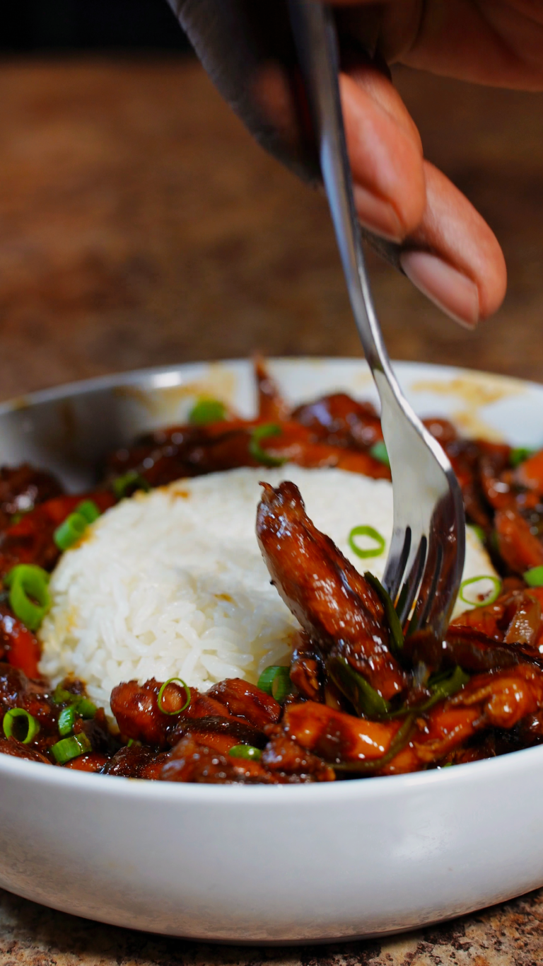 Pepper Chicken on a fork