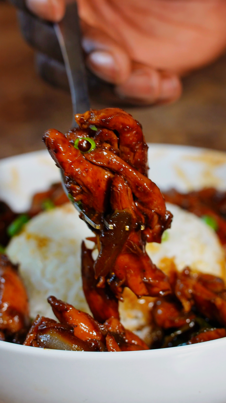 Pepper Chicken on a fork