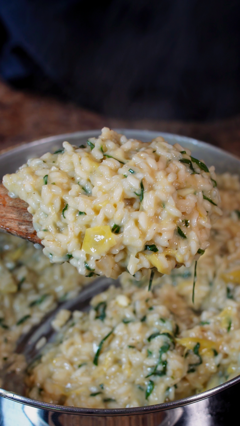 spoonful of spinach and artichoke risotto