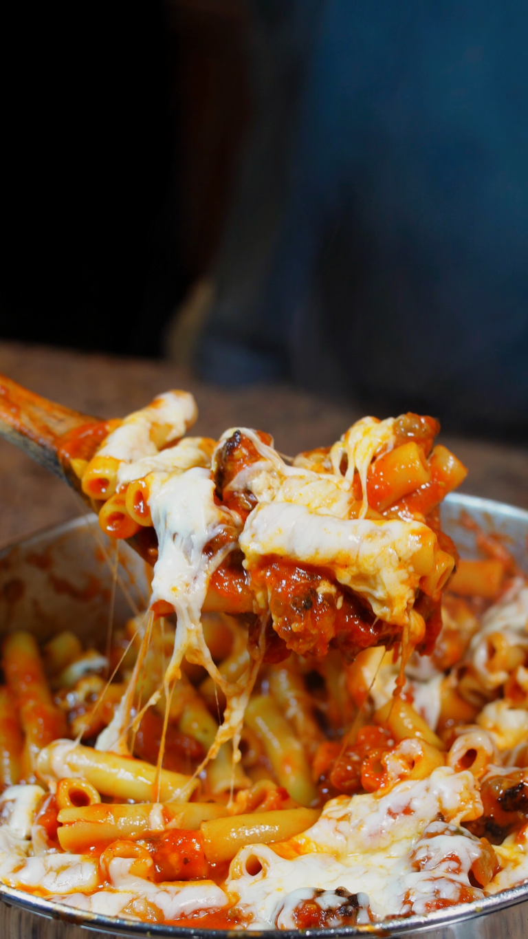 sausage ziti on a spoon
